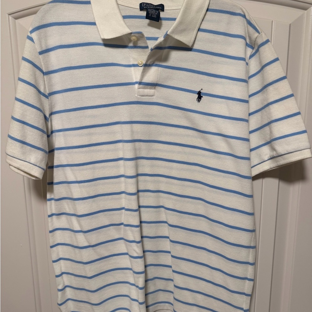 Ralph Lauren Men's Polo Shirt in White and Blue Stripes